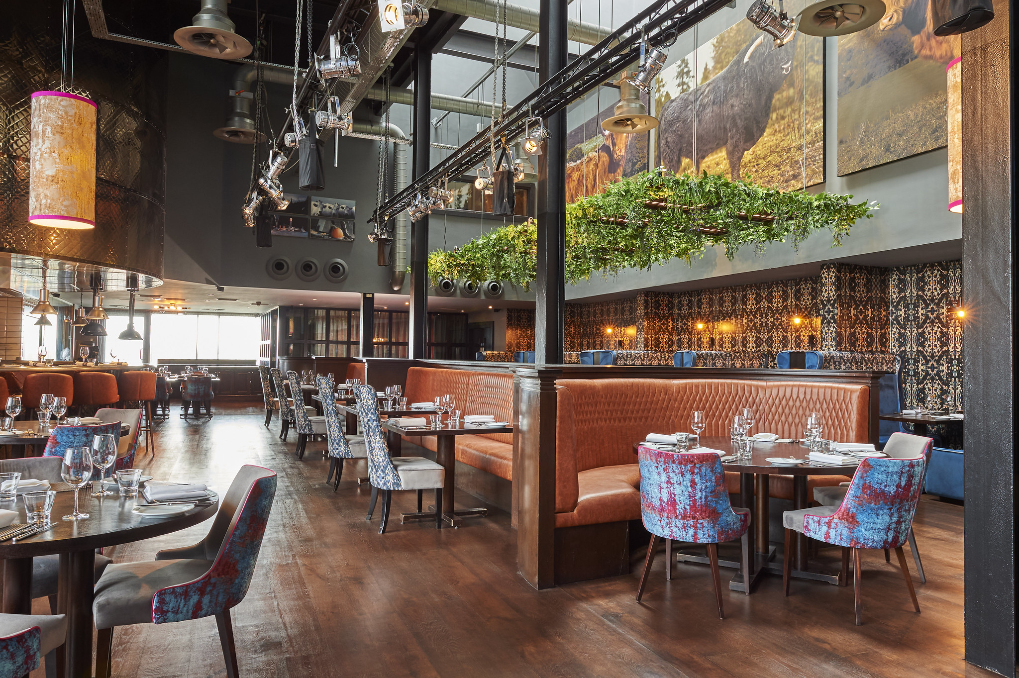 Malmaison Aberdeen Grill restaurant featuring booth seating, feature art on the walls, and overhead lighting rigs.